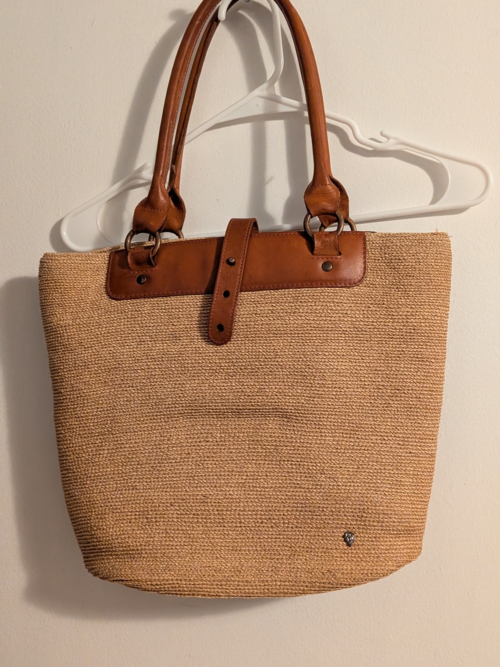 Woven Straw Tote with Brown Leather Trim - Women's Bag